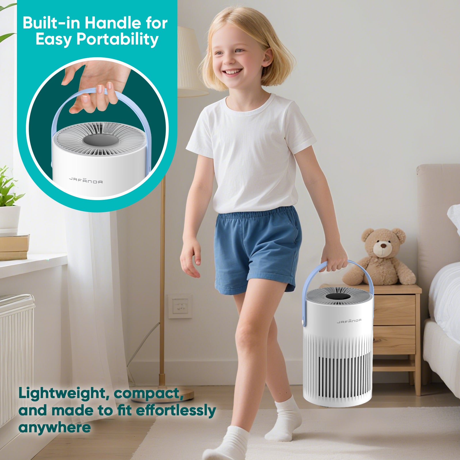 Jafanda Small Air Purifier JF068, 20dB Sleep Mode, Portable Air Cleaner with Handle, 3-Stage HEPA Filtration for Dust, Pollen, Pet Fur, Smoke, 7-Color Light for Home/Bedroom/Dorm/Office/Travel - Jafanda