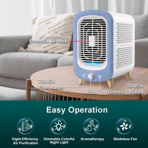 Jafända JF180 Air Purifiers for Home Bedroom, H13 HEPA & Activated Carbon Air Cleaner with Aromatherapy, Nightlight, and Bladeless Fan for Pets, Smokers, Allergies, Dust, Odor, and Pollen (780 sq. ft.) Skyblue - Jafanda