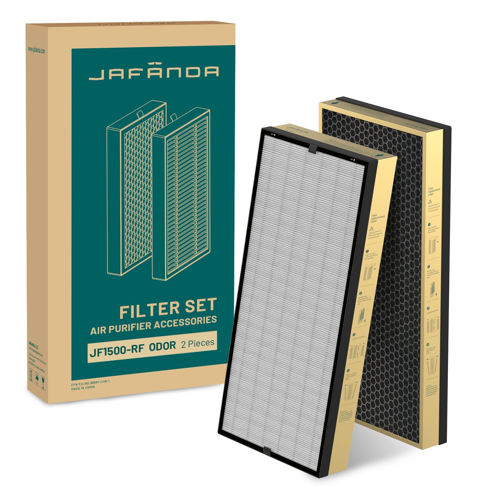 Jafända Air Purifier Odor Replacement Filters for JF1500, 2 Pack Specialized Odor Filters with HEPA & 12.35 lb Modified Activated Carbon, Effectively Remove Ammonia, Amine, Mercaptan Odor, Pet Odor, and Body Odor - Jafanda