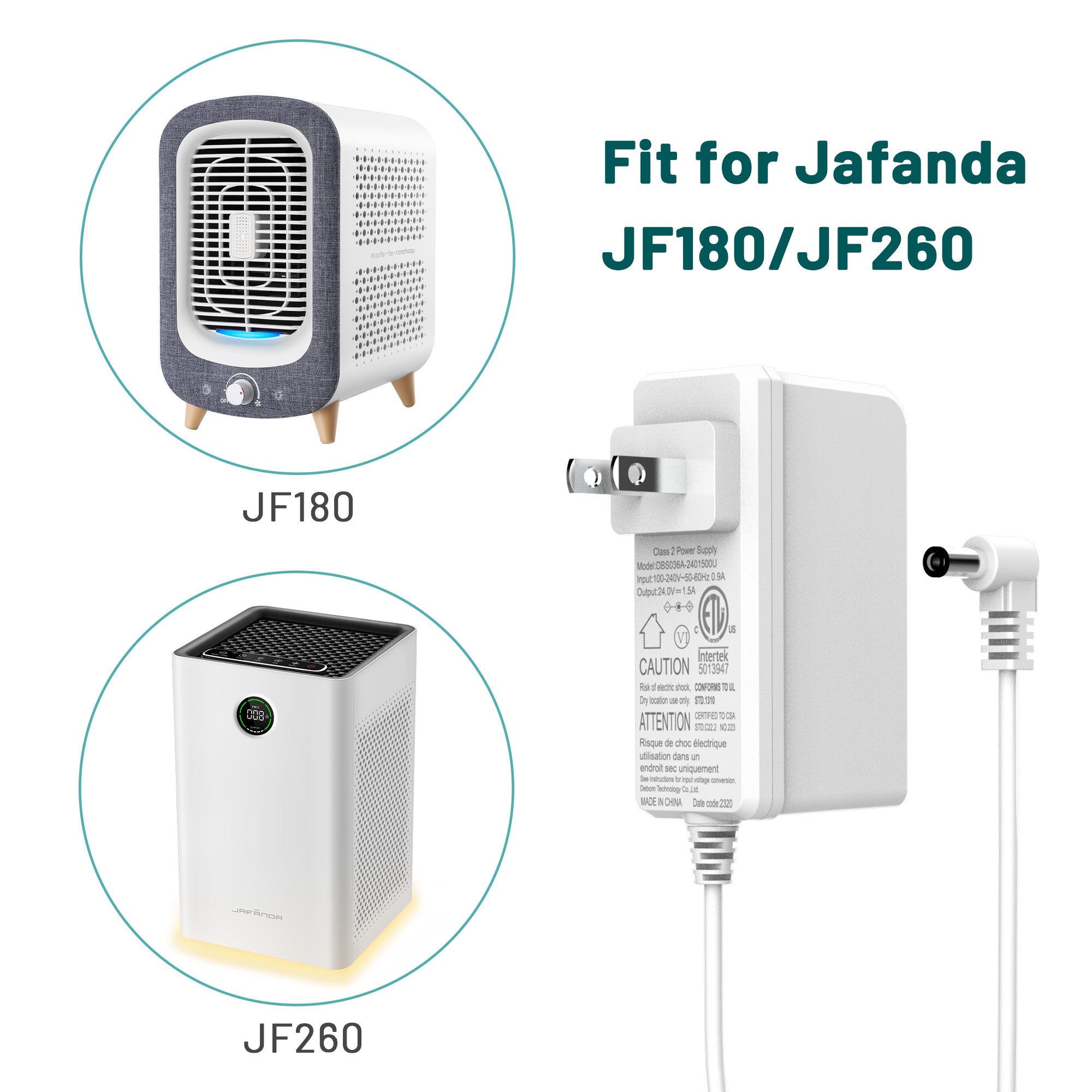 Air Purifier Power Adapter Charger Suitable for Jafända JF180/JF260 Replacement Charger 24V 1.5A(Size : White US/CA) - Jafanda