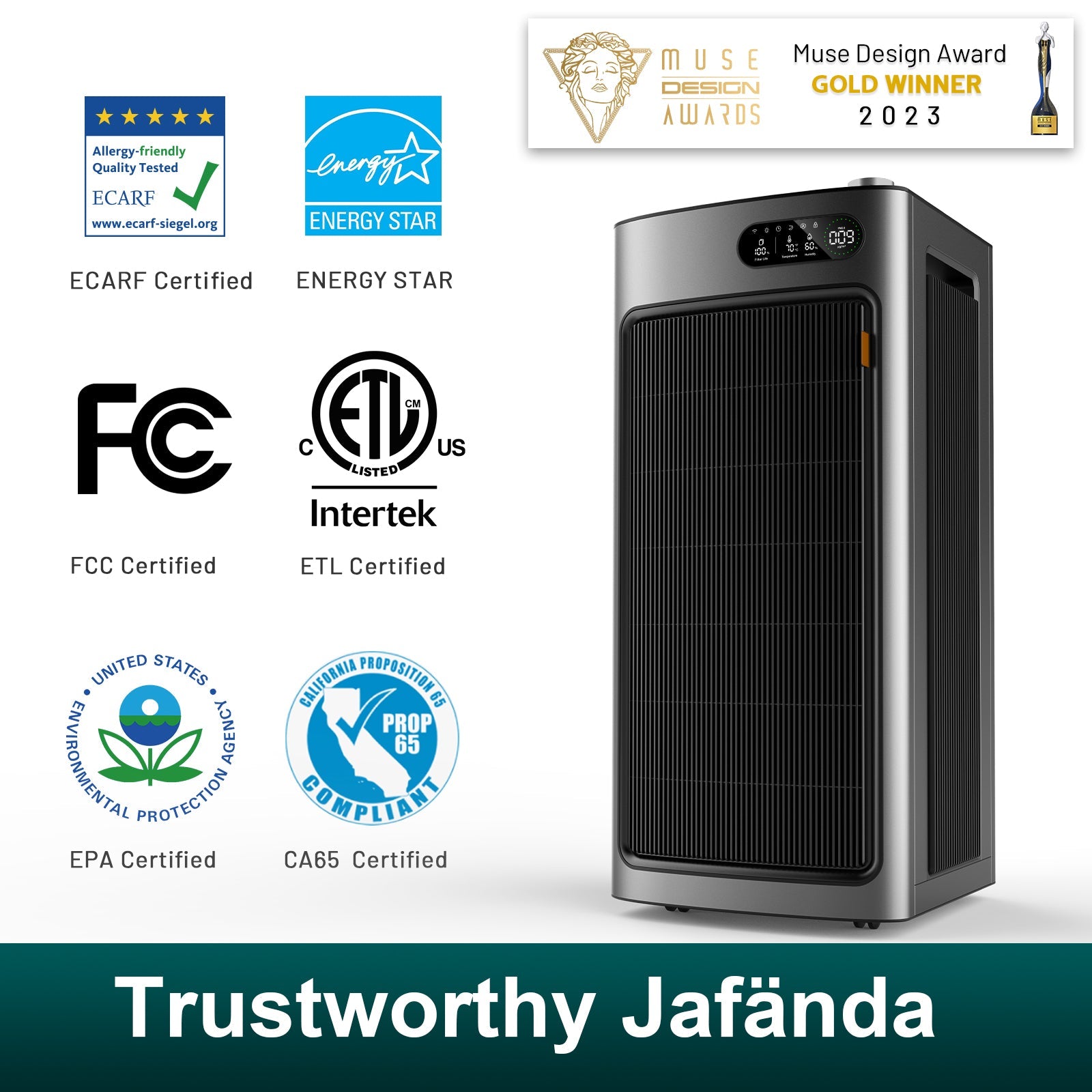 Jafända Smart Air Purifier for Large Room 6862 sq ft, Dual Filtration with HEPA & Activated Carbon Filters, Air Cleaner Removes Dust, Pollen, Smoke, mold, Allergies, Odors, Pet Dander, VOCs, APP & Alexa - Jafanda