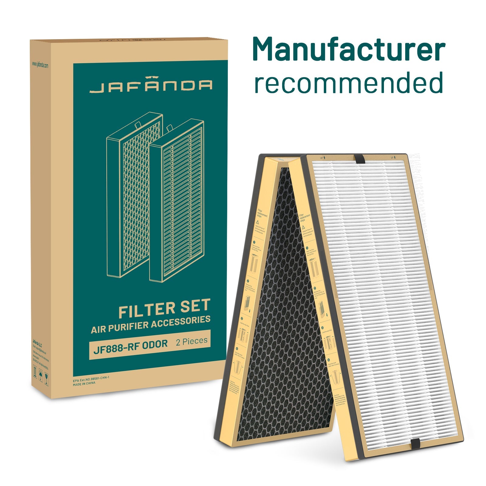 Jafända JF888 Air Purifier Replacement Filter, 2 Pack Activated Carbon Filters for Removing Ammonia, Amine, Mercaptan, Pet Odor, Body Odor and Smoke - Jafanda