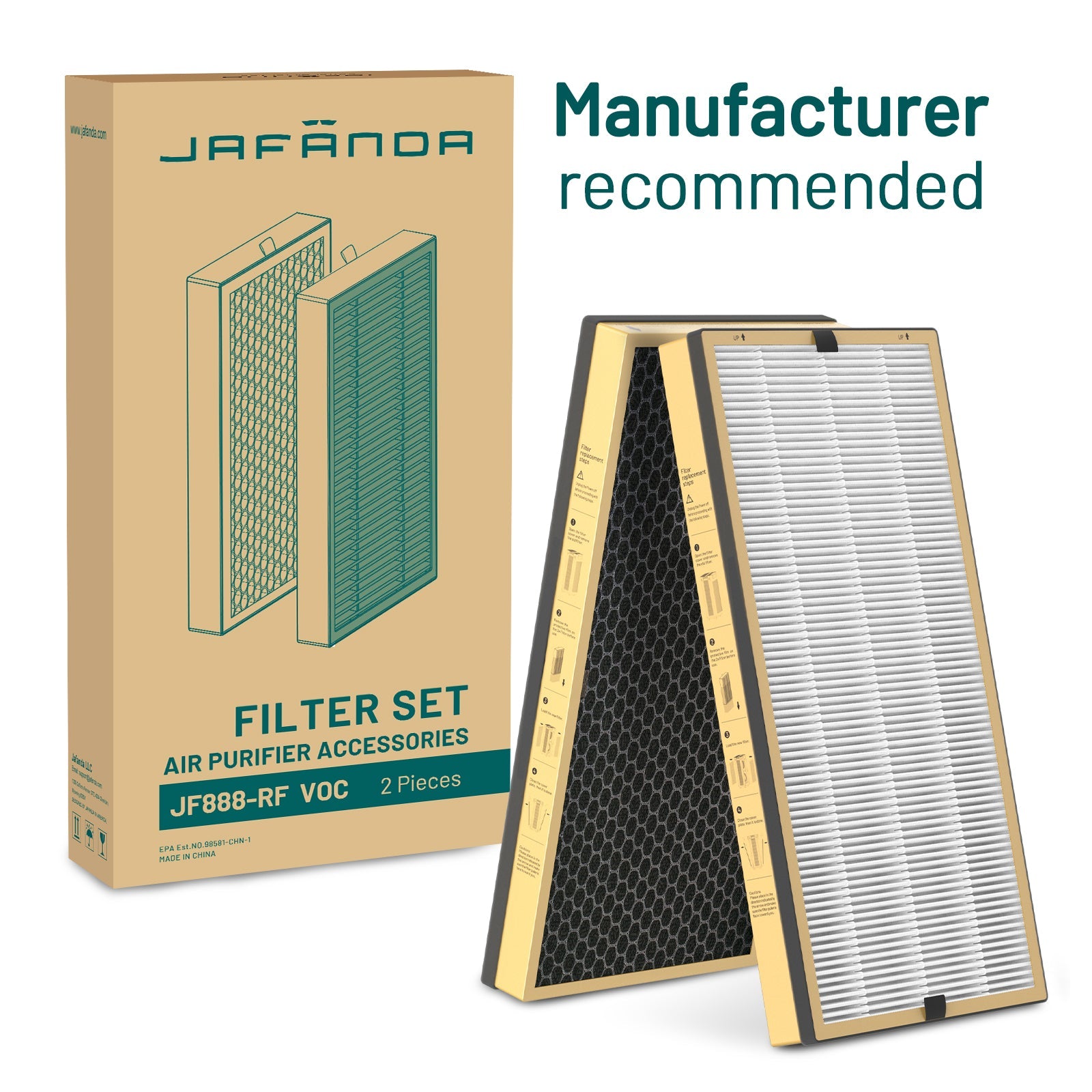 Jafända JF888 Air Purifier Replacement Filter (2 Pack) - VOC Filter, Activated Carbon, Removes Formaldehyde, VOCs, Smoke - Jafanda