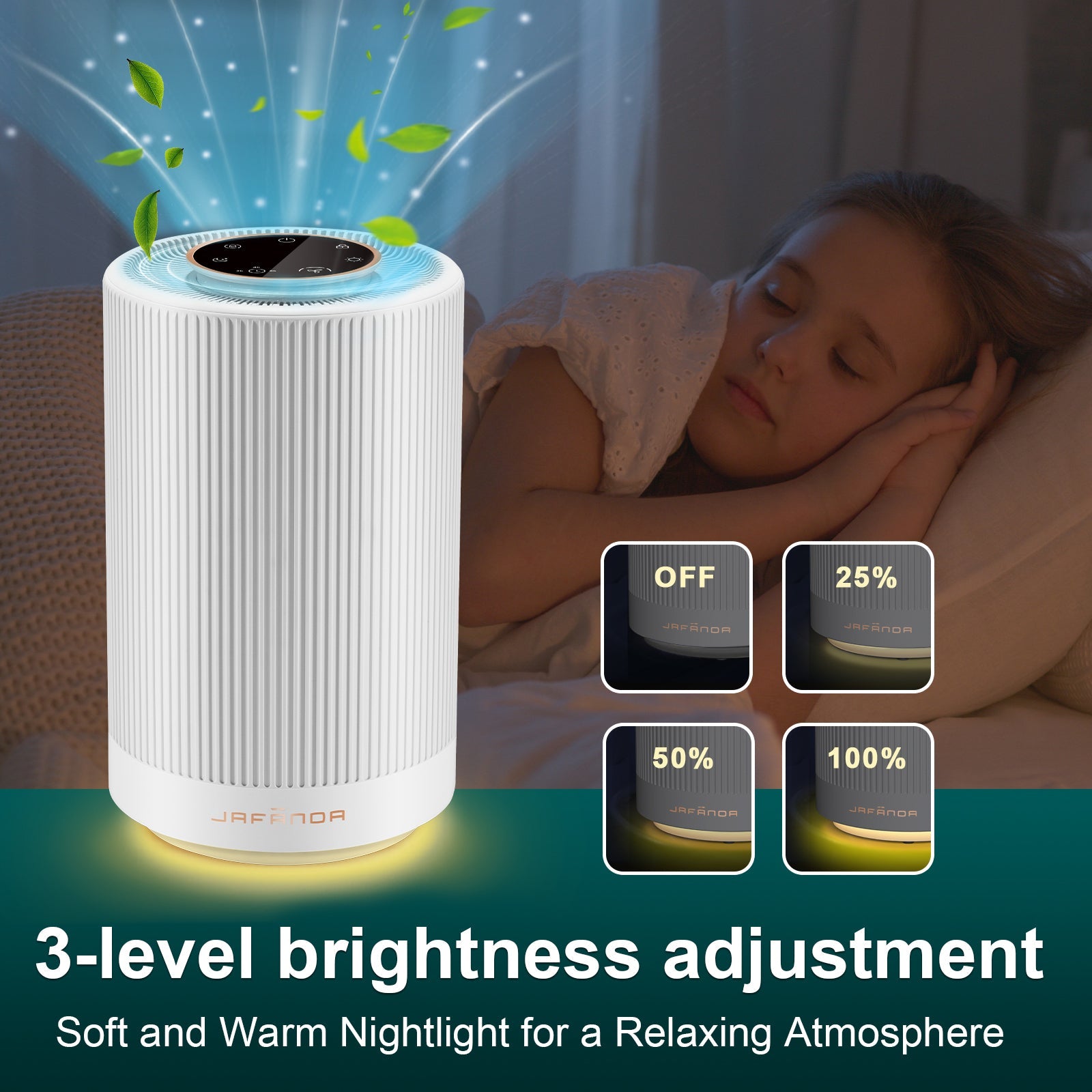 Jafanda Air Purifier for Home Bedroom Up to 450 sq ft, with H13 HEPA Air Filter, 22dB Quiet Sleep Mode, Air Cleaner Eliminates Allergens, Smoke, Dust, Mold, Pet Dander, Pollen - Night Light - Jafanda